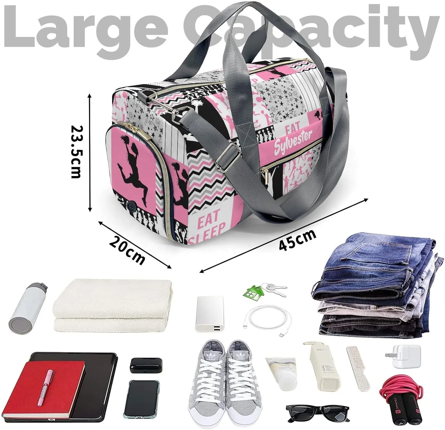 Personalized Cheerleader Pink Custom Multi-functional Travel Bag, Unisex Portable Duffel Bag, Short Distance Travel Assistant