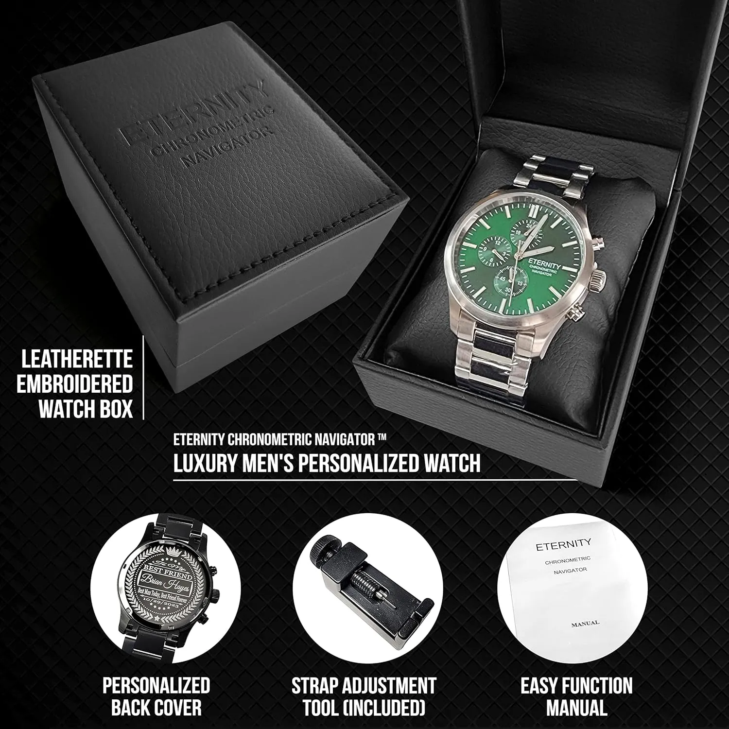 personalized multi function men's watch. Stainless, battery operated, Japan quartz, multi function. Engraved back cover. (Gold/green dial)