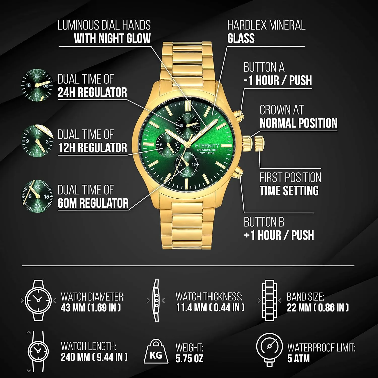 personalized multi function men's watch. Stainless, battery operated, Japan quartz, multi function. Engraved back cover. (Gold/green dial)