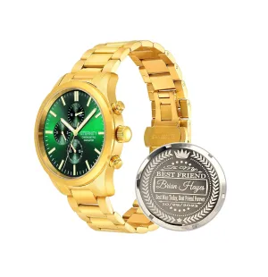 personalized multi function men's watch. Stainless, battery operated, Japan quartz, multi function. Engraved back cover. (Gold/green dial)