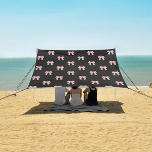 Pink Marbling Bowknot Pattern Beach Canopy Tent Anti-UV & Wind Resistant, Camping Sun Shelter Easy Setup Portable,Outdoor Shade Tents with Sandbags,Sand Shovels,Ground Pegs & Stability Poles