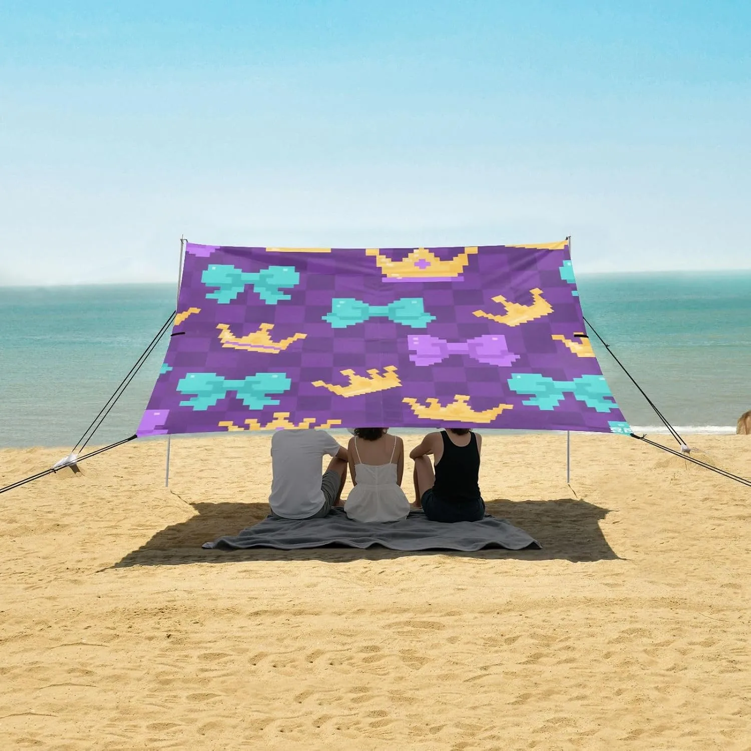 Pixel Style Bows Crown Beach Canopy Tent Anti-UV & Wind Resistant, Camping Sun Shelter Easy Setup Portable,Outdoor Shade Tents with Sandbags,Sand Shovels,Ground Pegs & Stability Poles