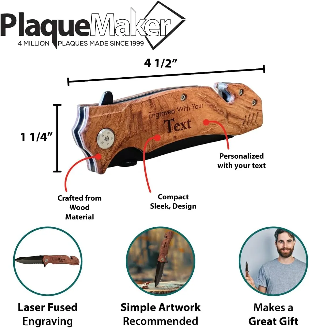PlaqueMaker Customizable Folding Knives or Multi-tools, Personalized Pocket Knife for Men and Women, Gift for Father's Day, Birthday, Anniversary, Wedding, Housewarming (Wood)