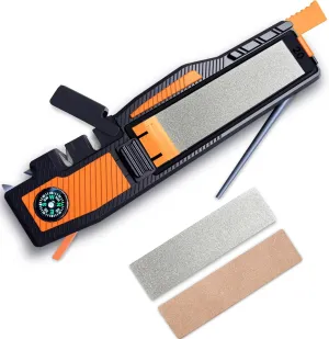 Pocket Knife Sharpener with Fire Starter Ferro Rod - Guided Diamond Sharpening Stones, Strop, 2 Sharpening Slots & Whistle- edc gear & camping essentials for straight & serrated blade