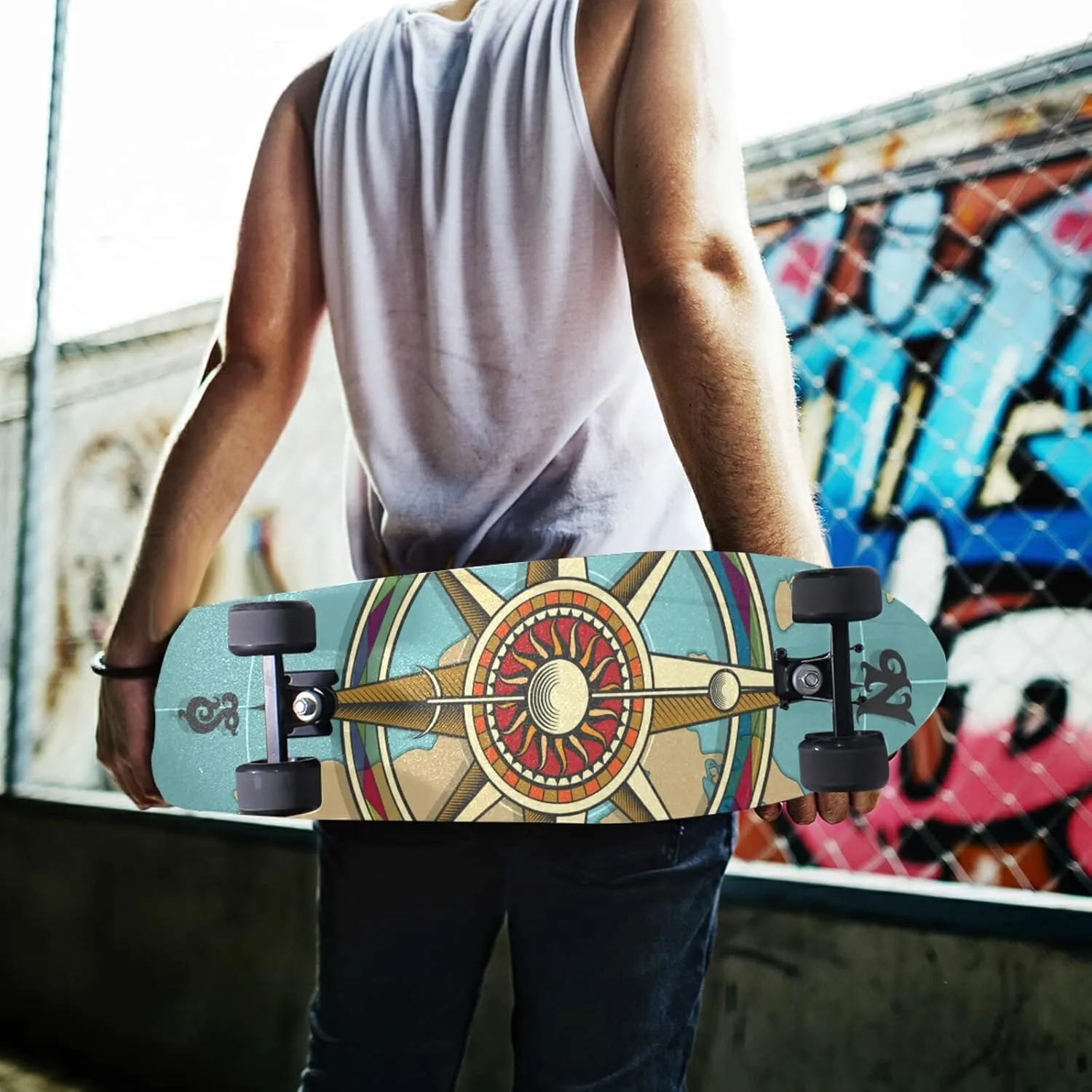 Poeticcity Grasses Classic Vintage Wind Compass Rose on Map Background Waterproof Skateboard Grip Tape, Anti Slip Longboard Scooter Griptapes, Durable Sand Paper Sheet Sticker Sandpaper 10" x 44"