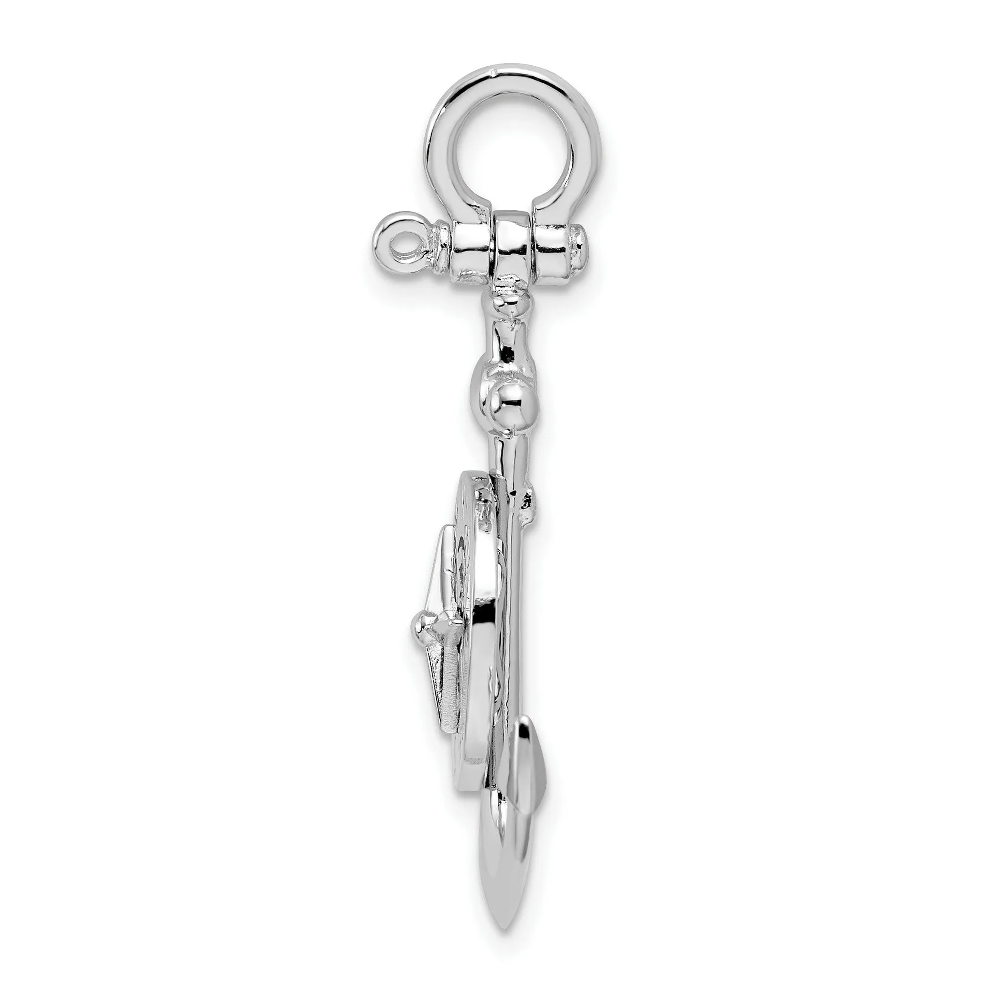 Polished 3-D Small Anchor with Compass Charm Pendant in Real 925 Sterling Silver