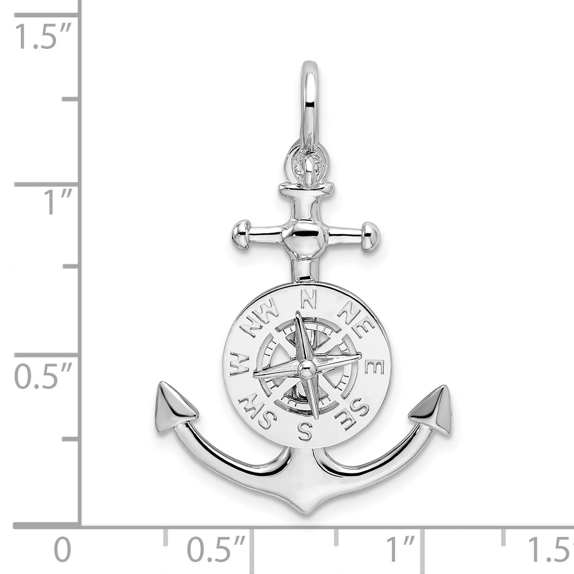 Polished 3-D Small Anchor with Compass Charm Pendant in Real 925 Sterling Silver