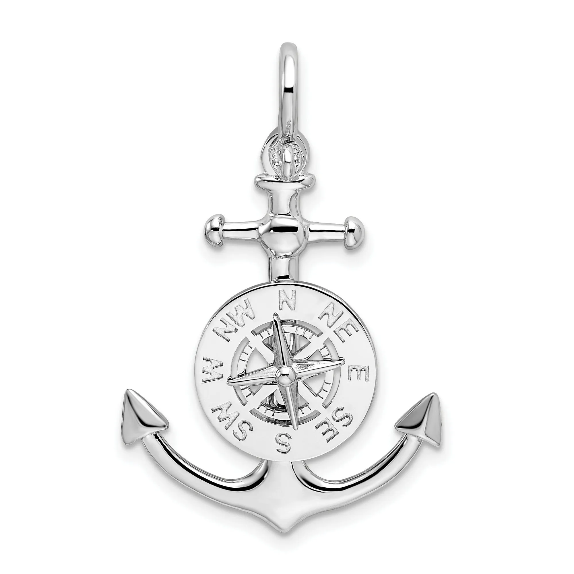 Polished 3-D Small Anchor with Compass Charm Pendant in Real 925 Sterling Silver