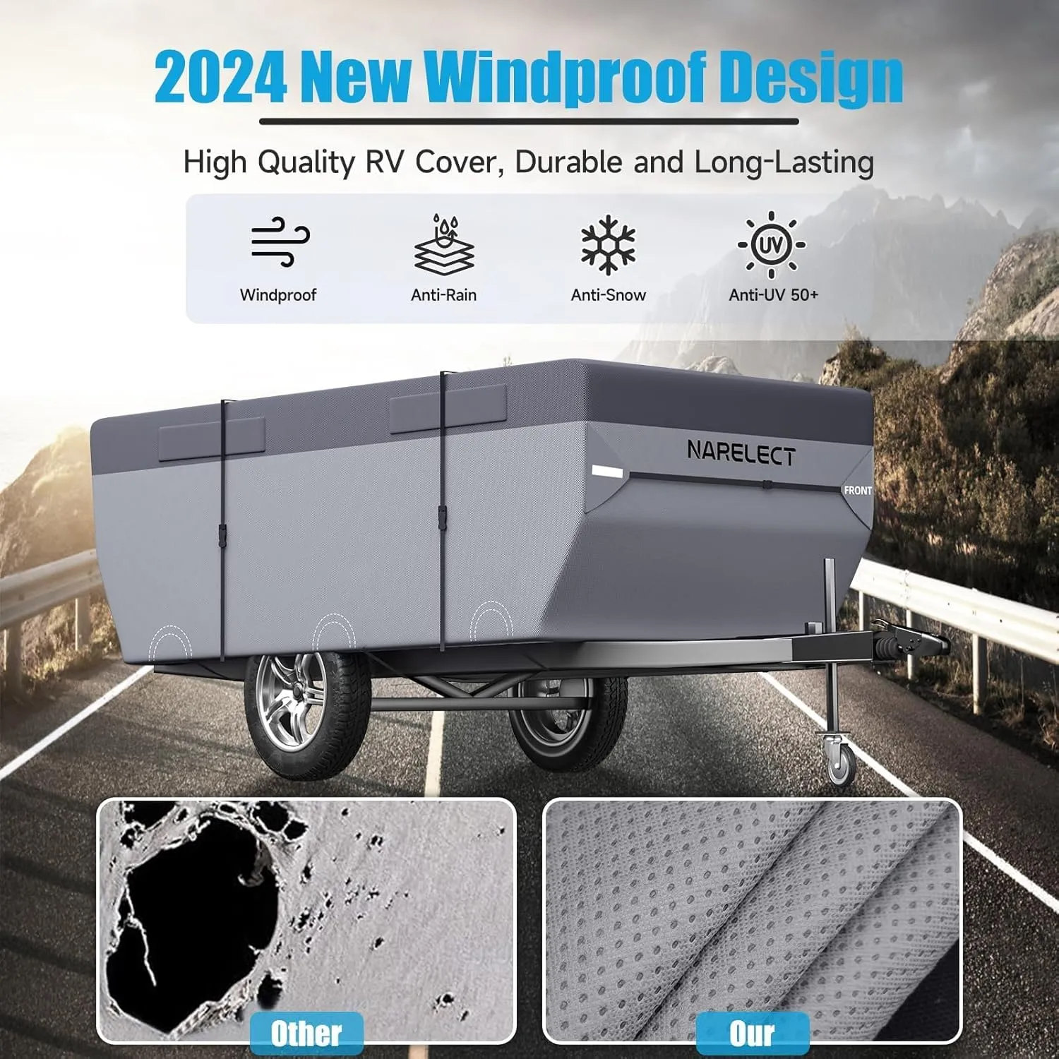 Pop up Camper Cover 10'-12' Tent Trailer Cover 7 Layers Top Waterproof Anti-UV Ripstop Folding Camper Covers Heavy Duty All Season Protection with Windproof Strap