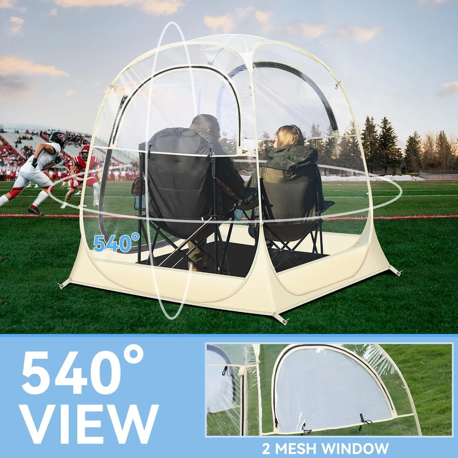 Pop Up Sports Tent, Instant Clear Bubble Tent, with Removable Top Cover, Outdoor All Weather Shelter, for Watching Sports, Cheering, Fishing and Camping