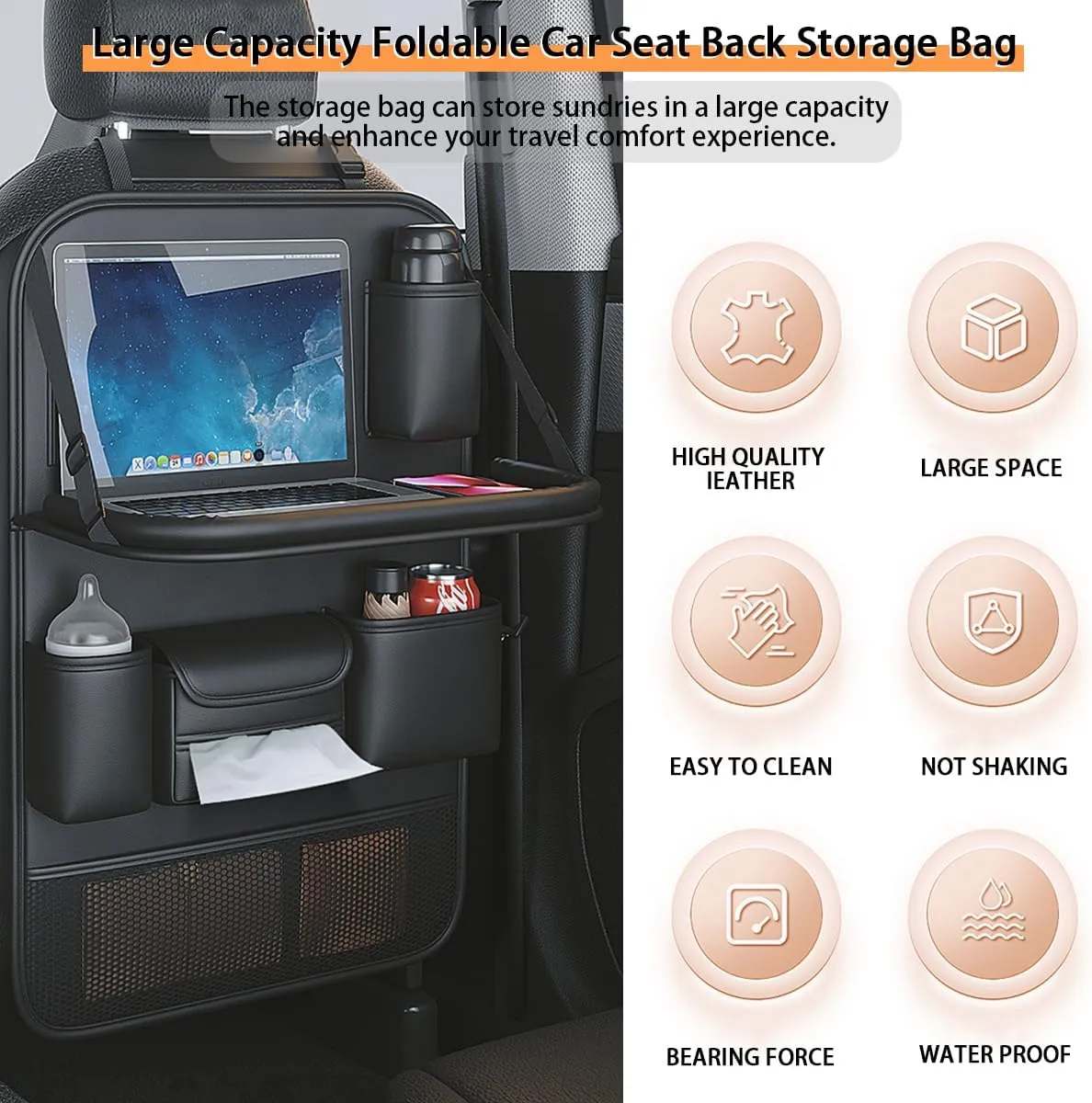 Popular Items Rear Seat Organizer, Premium Waterproof PU Leather Car Seat Back Pocket with Stain Proof iPad Storage, Black