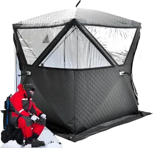 Portable Ice Shelter, Ice Fishing Tent for 3-5 Person Cotton Thickening Waterproof Portable Pop Up Ice Fishing Shelter with Removable Ventilation Window Carry Bag for Winter Fishing, Ice Cube with Anc
