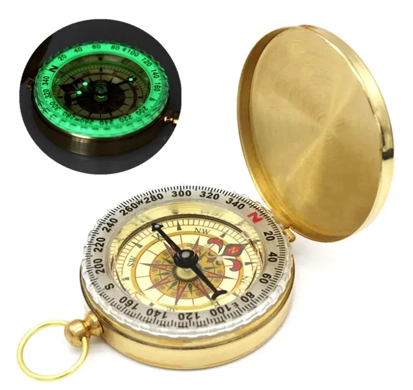 Portable Pocket Brass Gold Color Compass with Noctilucent Display - Ideal for Outdoor Camping and Hiking