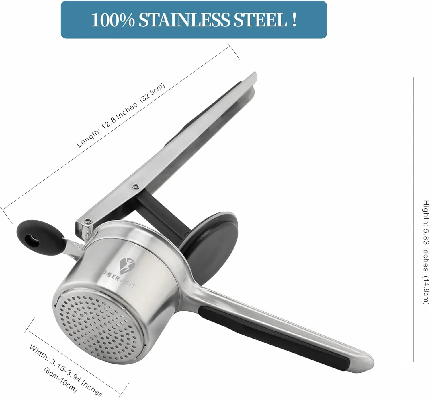 Potato Ricer Stainless Steel by DOERVISIT – Potato Ricer with catches that ensure the Fineness Discs will not dislodged when the handle is lifted up.
