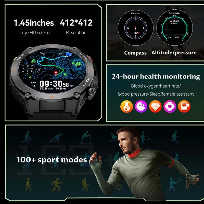 Premium Outdoor Smartwatch for Men – Waterproof 1ATM, GPS, Compass, Altitude, Barometric Pressure, Health Monitoring, 650mAh Battery, Bluetooth Call, Fitness Tracker