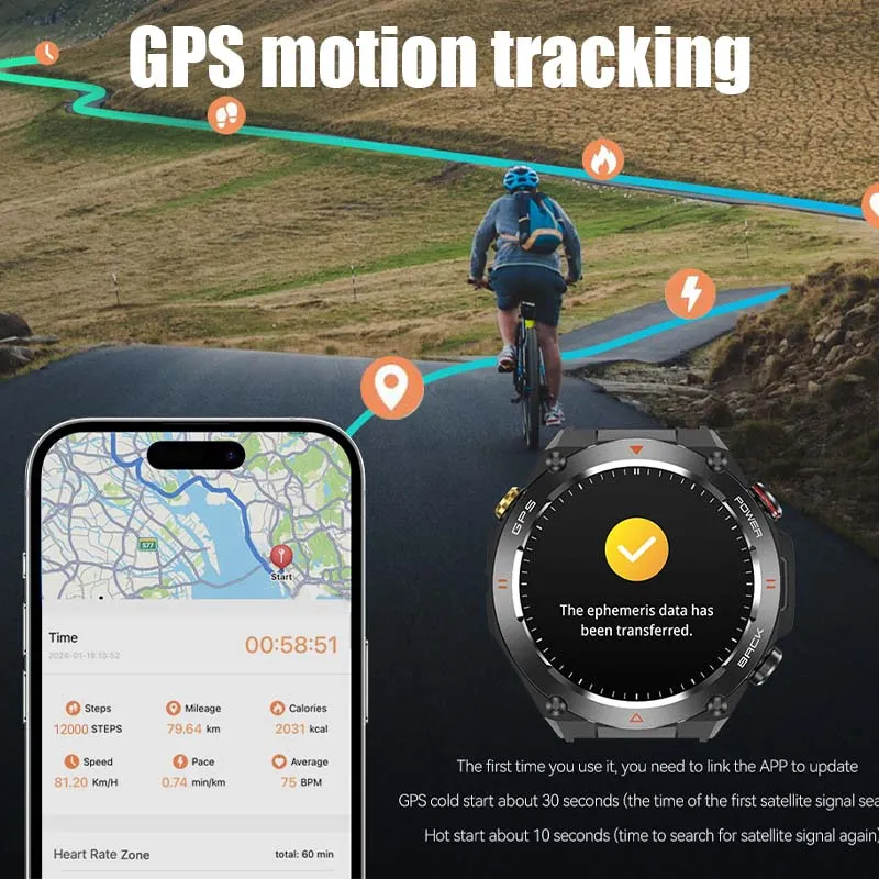 Premium Outdoor Smartwatch for Men – Waterproof 1ATM, GPS, Compass, Altitude, Barometric Pressure, Health Monitoring, 650mAh Battery, Bluetooth Call, Fitness Tracker