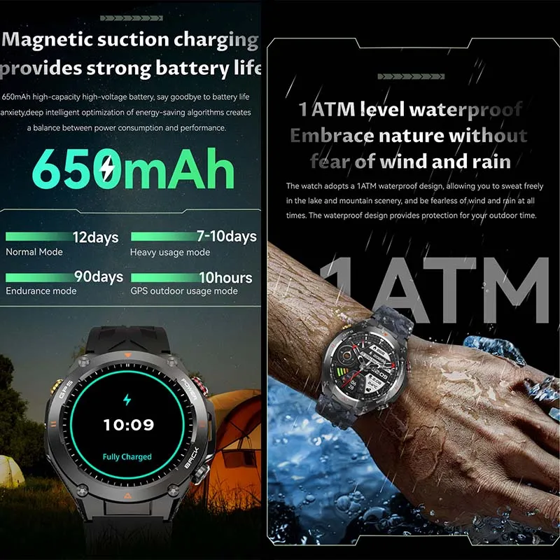 Premium Outdoor Smartwatch for Men – Waterproof 1ATM, GPS, Compass, Altitude, Barometric Pressure, Health Monitoring, 650mAh Battery, Bluetooth Call, Fitness Tracker