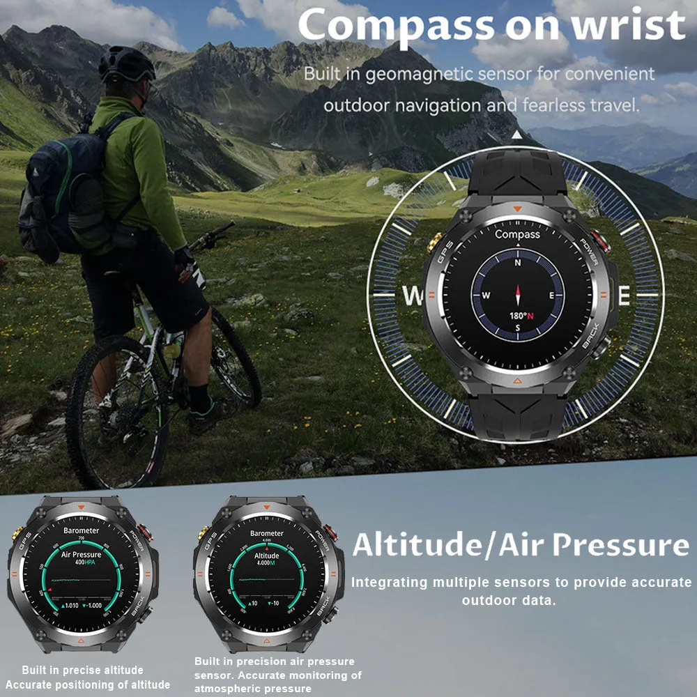 Premium Outdoor Smartwatch for Men – Waterproof 1ATM, GPS, Compass, Altitude, Barometric Pressure, Health Monitoring, 650mAh Battery, Bluetooth Call, Fitness Tracker