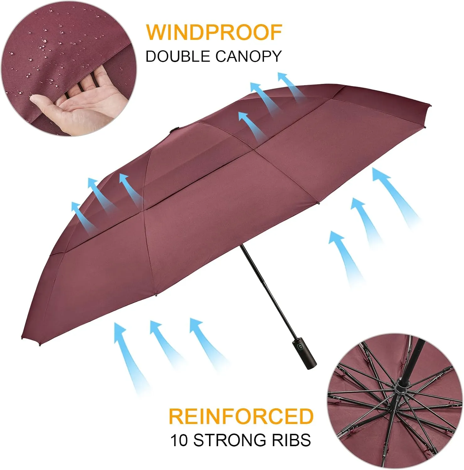 Prospo 46/62 Inch Large Travel Umbrellas for Rain Windproof, 10 Ribs Compact Reverse Folding Golf Umbrella, Double Canopy Automatic Open Close