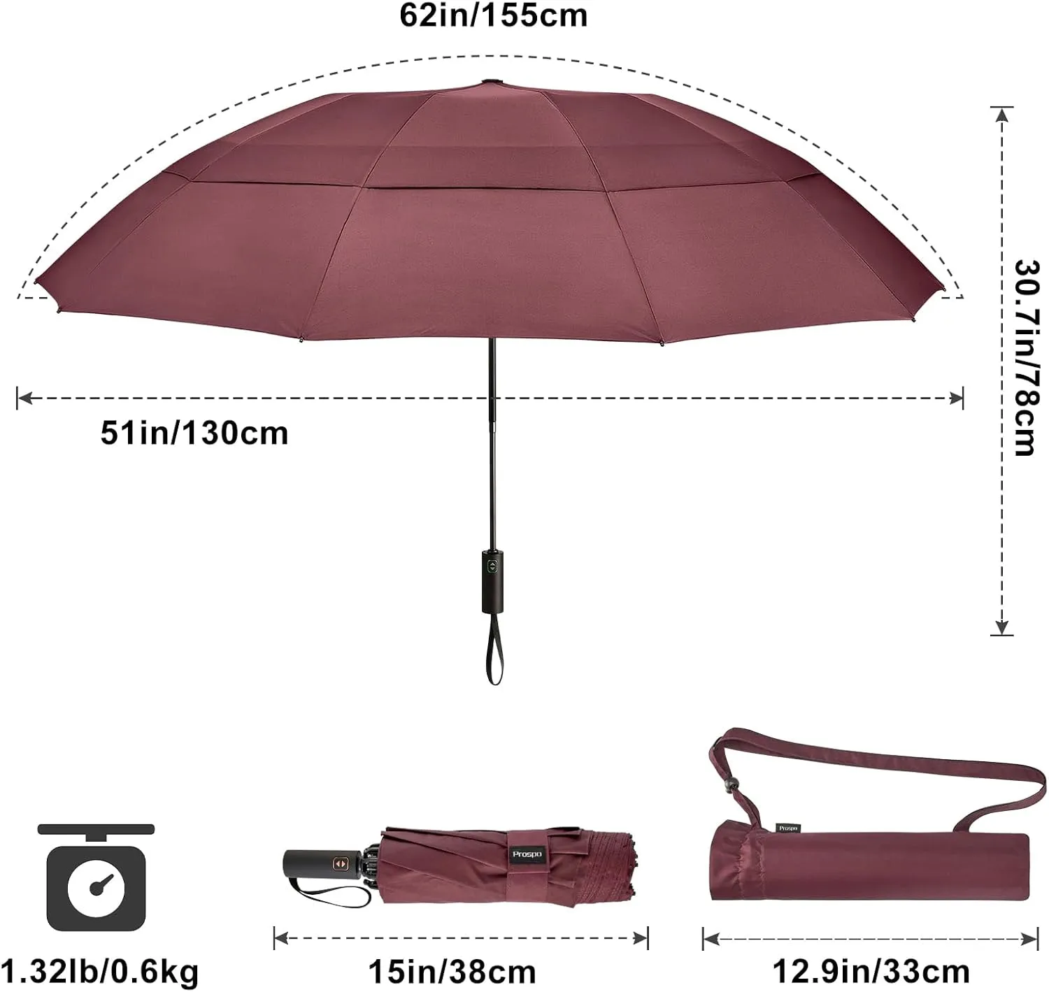 Prospo 46/62 Inch Large Travel Umbrellas for Rain Windproof, 10 Ribs Compact Reverse Folding Golf Umbrella, Double Canopy Automatic Open Close
