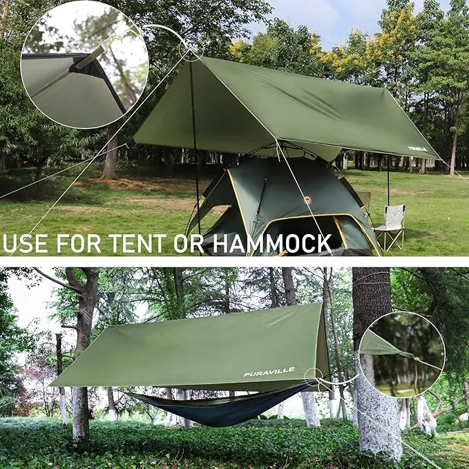 Puraville Rain Fly Camping Tarp 3000mm  Ultra Waterproof Resistant Sun Shade Lightweight Hammock Tent Tarp with Multifunctional Camping Accessories (10X10 ft Green)