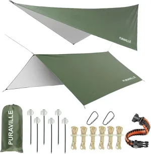 Puraville Rain Fly Camping Tarp 3000mm  Ultra Waterproof Resistant Sun Shade Lightweight Hammock Tent Tarp with Multifunctional Camping Accessories (10X10 ft Green)