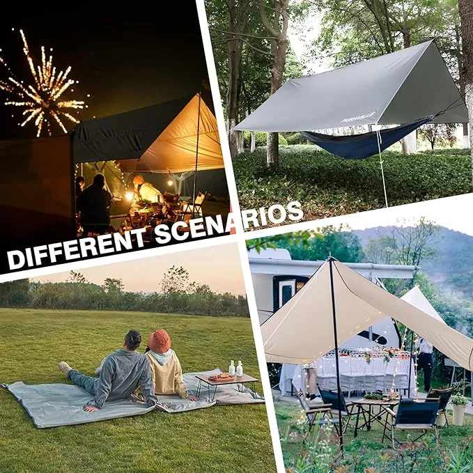 Puraville Rain Fly Camping Tarp 3000mm  Ultra Waterproof Resistant Sun Shade Lightweight Hammock Tent Tarp with Multifunctional Camping Accessories (10X10 ft Green)