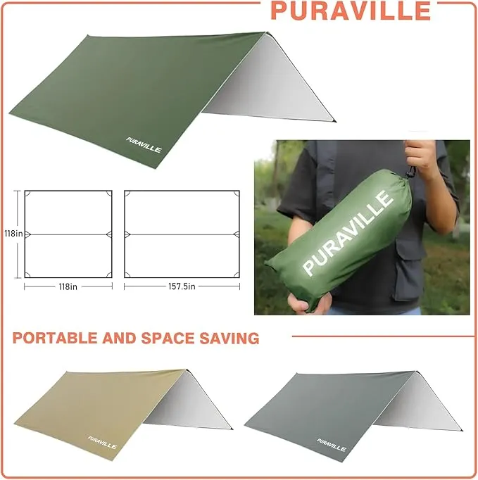 Puraville Rain Fly Camping Tarp 3000mm  Ultra Waterproof Resistant Sun Shade Lightweight Hammock Tent Tarp with Multifunctional Camping Accessories (10X10 ft Green)