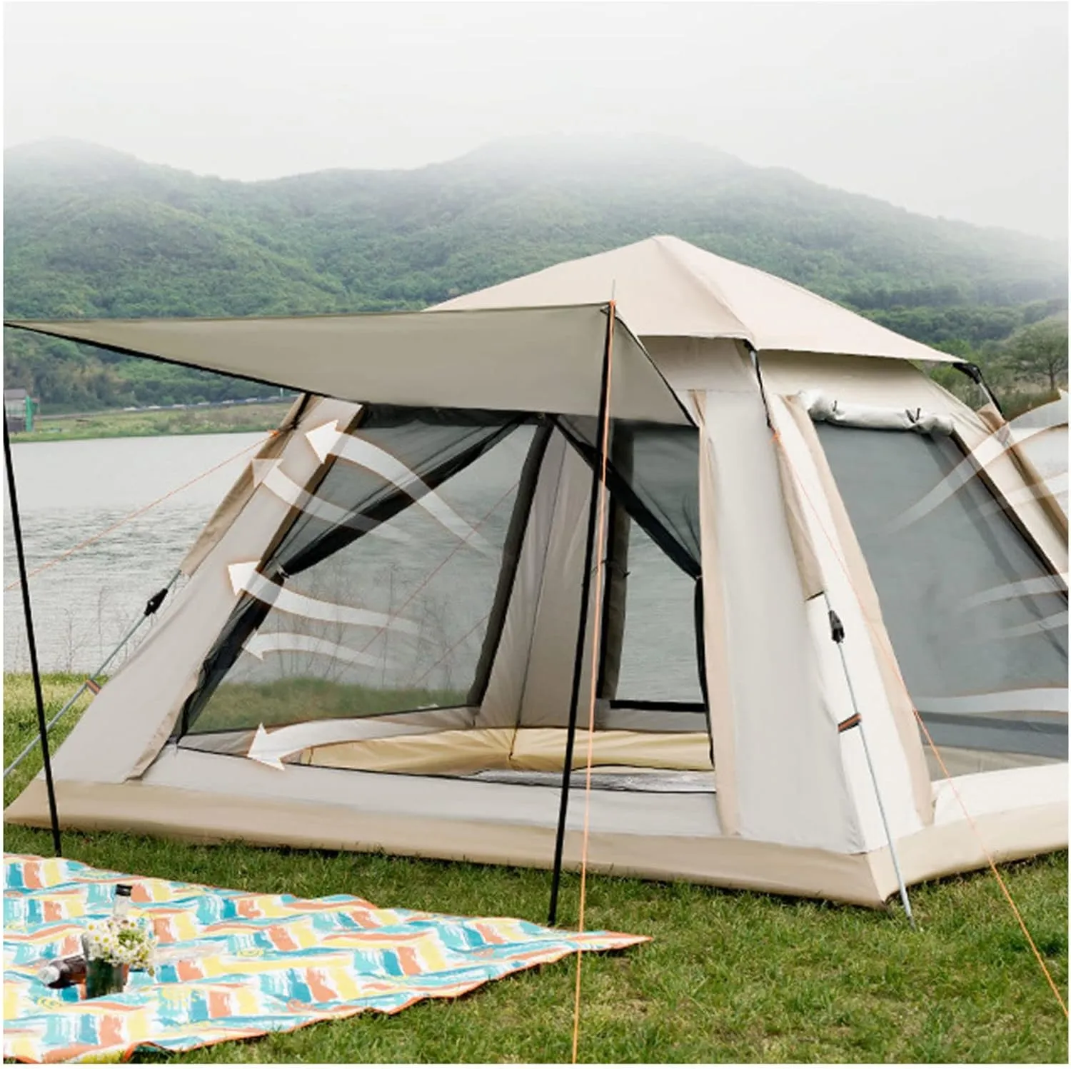 Quick Erect Tent 4 People Spacious Family Tent with Living Area Firm and Stable Tepee Tent for Camping