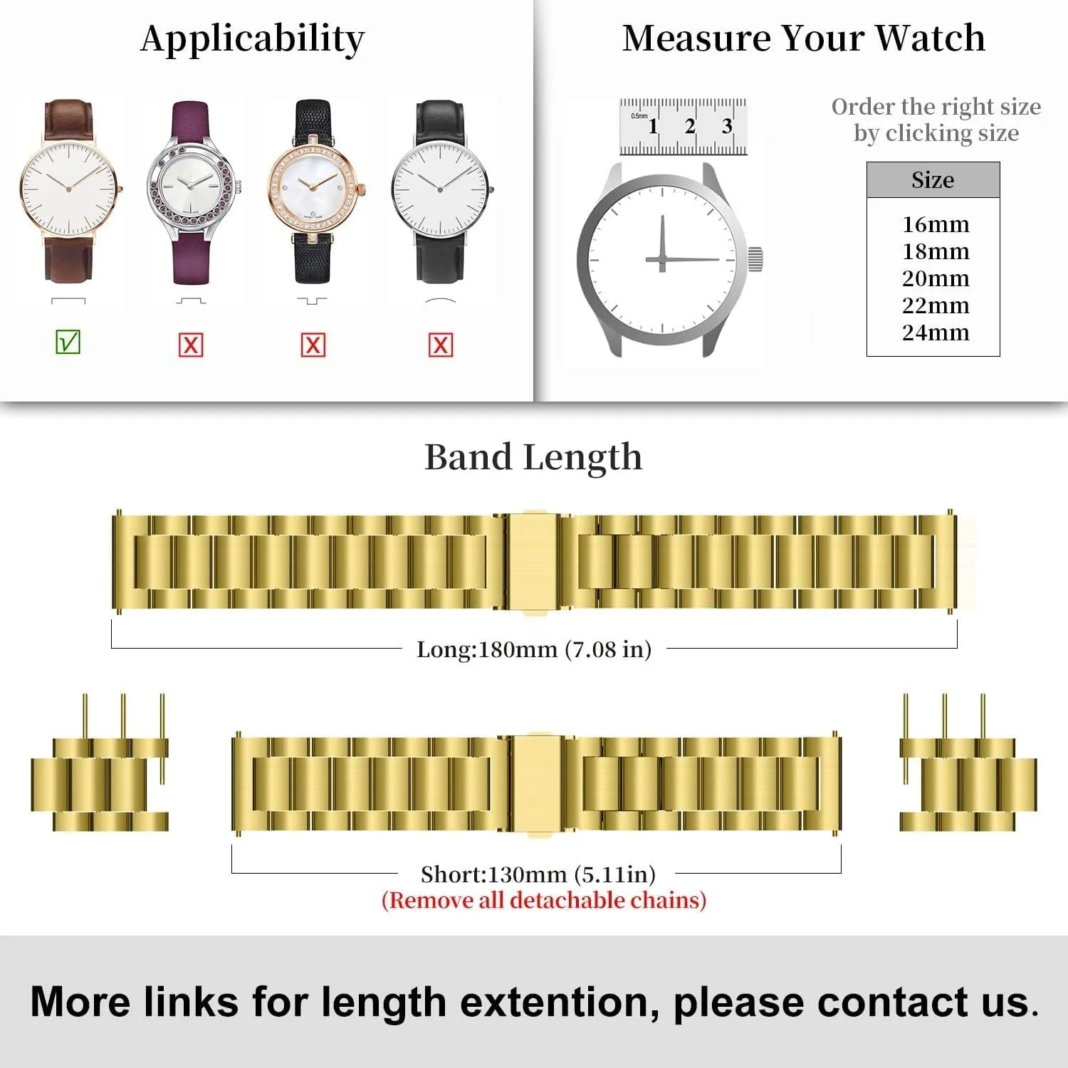 Quick Release Metal Chain Watch Bands, Stainless Steel Link Watch Strap Bracelet 18mm, 19mm, 20mm, 22mm For Men Women