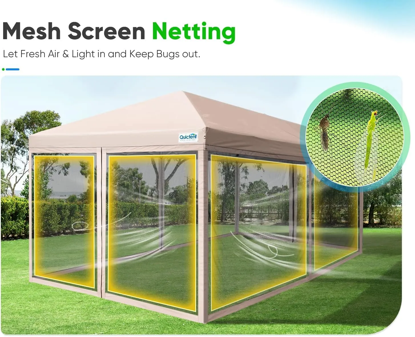 Quictent 10'x20' Pop up Canopy Tent with Netting, Instant Screened House Tent Outdoor Party Event Gazebo Shelter- Waterproof & 6 Sand Bags Included (Tan)