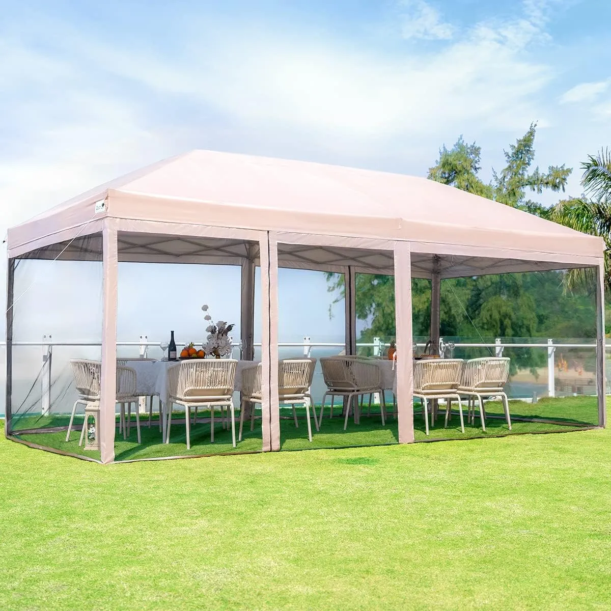 Quictent 10'x20' Pop up Canopy Tent with Netting, Instant Screened House Tent Outdoor Party Event Gazebo Shelter- Waterproof & 6 Sand Bags Included (Tan)