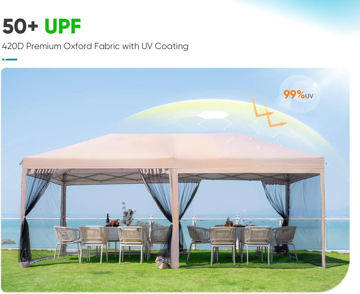 Quictent 10'x20' Pop up Canopy Tent with Netting, Instant Screened House Tent Outdoor Party Event Gazebo Shelter- Waterproof & 6 Sand Bags Included (Tan)