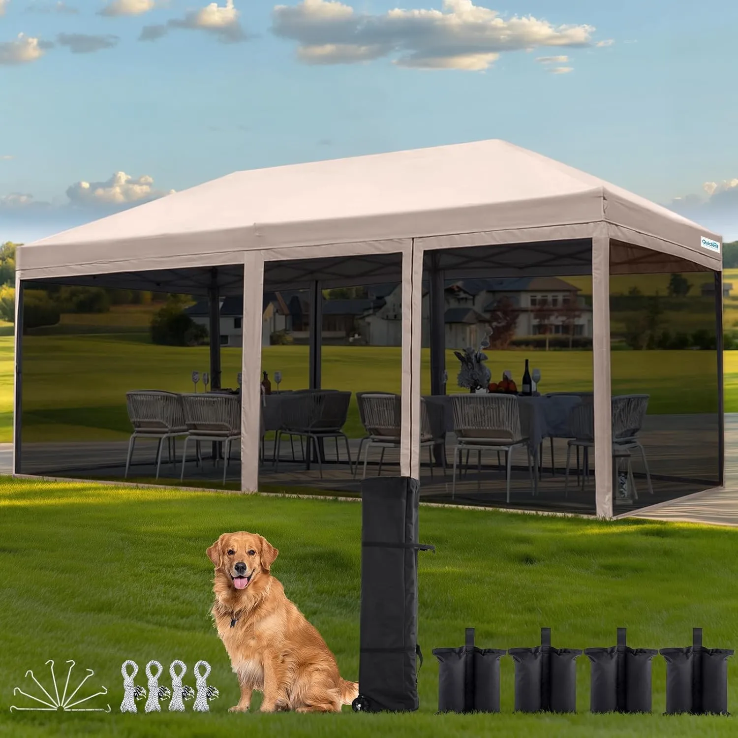 Quictent 10'x20' Pop up Canopy Tent with Netting, Instant Screened House Tent Outdoor Party Event Gazebo Shelter- Waterproof & 6 Sand Bags Included (Tan)
