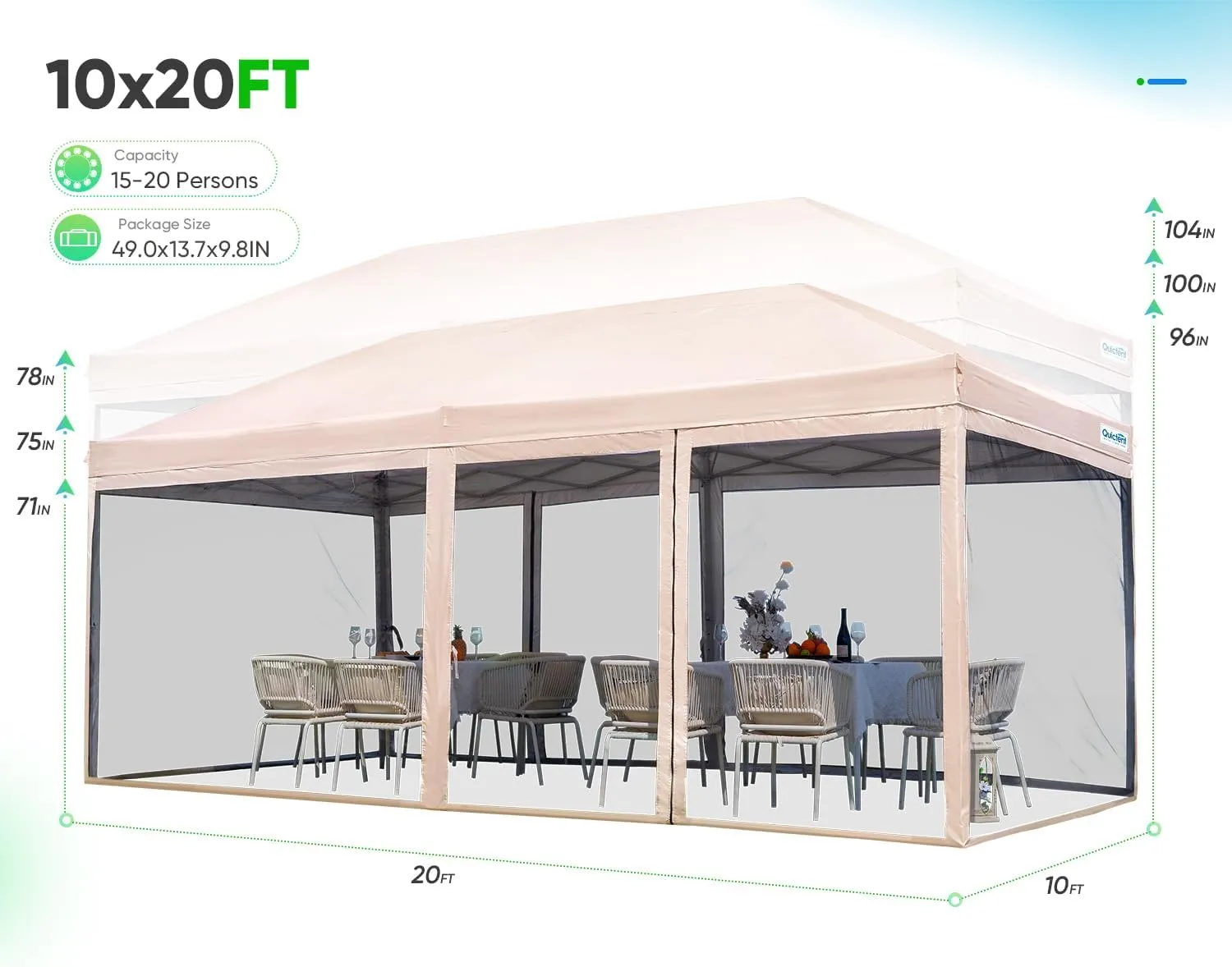 Quictent 10'x20' Pop up Canopy Tent with Netting, Instant Screened House Tent Outdoor Party Event Gazebo Shelter- Waterproof & 6 Sand Bags Included (Tan)