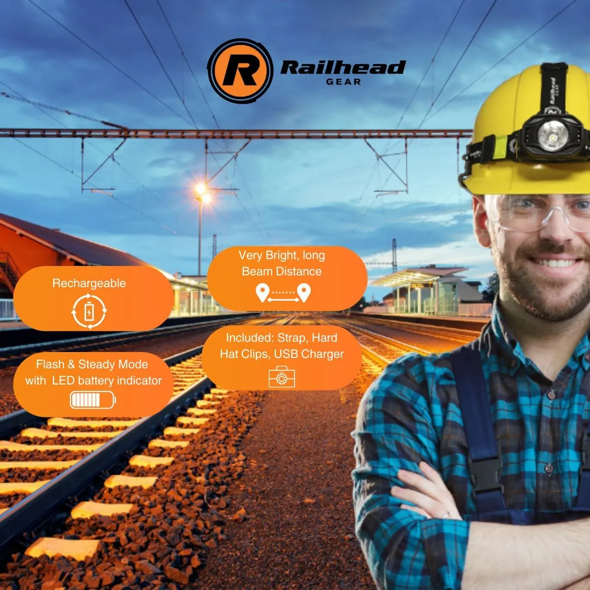 Railhead Gear Rechargeable LED 1000 Lumen Headlamp with Adjustable Reflective Strap, Hard Hat Clips, and Charger RH-HL1000R