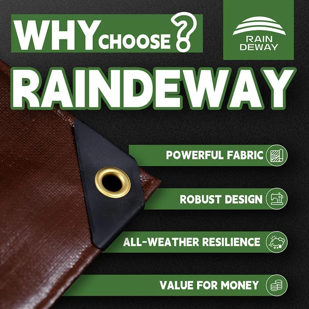RAINDEWAY 8x12 Feet Super Heavy Duty 18 Mil Brown Poly Tarp Cover, UV Resistant, Weatherproof, Multipurpose Waterproof Poly Tarp with Grommets and Reinforced Edges