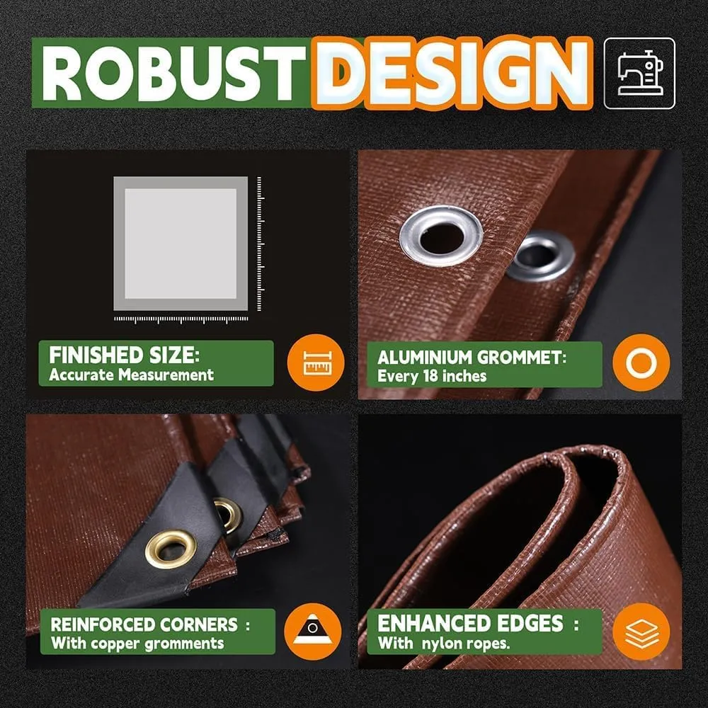 RAINDEWAY 8x12 Feet Super Heavy Duty 18 Mil Brown Poly Tarp Cover, UV Resistant, Weatherproof, Multipurpose Waterproof Poly Tarp with Grommets and Reinforced Edges
