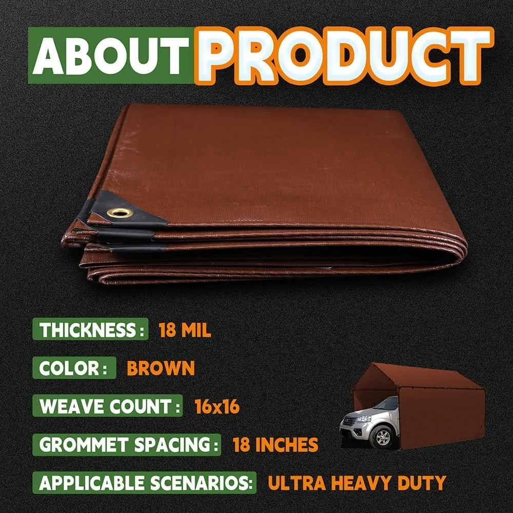 RAINDEWAY 8x12 Feet Super Heavy Duty 18 Mil Brown Poly Tarp Cover, UV Resistant, Weatherproof, Multipurpose Waterproof Poly Tarp with Grommets and Reinforced Edges