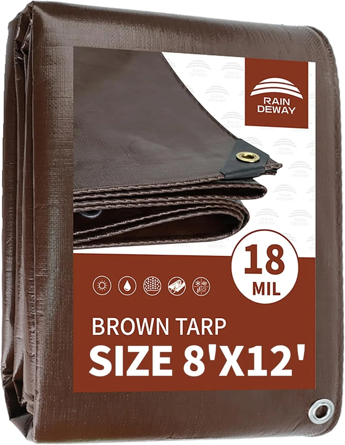 RAINDEWAY 8x12 Feet Super Heavy Duty 18 Mil Brown Poly Tarp Cover, UV Resistant, Weatherproof, Multipurpose Waterproof Poly Tarp with Grommets and Reinforced Edges