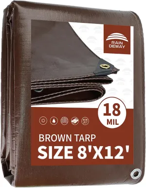 RAINDEWAY 8x12 Feet Super Heavy Duty 18 Mil Brown Poly Tarp Cover, UV Resistant, Weatherproof, Multipurpose Waterproof Poly Tarp with Grommets and Reinforced Edges