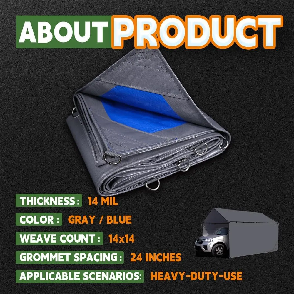 RAINDEWAY Tarps Heavy Duty Waterproof 10x15 Feet -14 Mils Super Heavy Duty Tarp with Metal Rings and Reinforced Corners and Edges, UV Resistant, Multipurpose Poly Tarp,Blue/Gray tarp