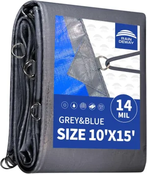 RAINDEWAY Tarps Heavy Duty Waterproof 10x15 Feet -14 Mils Super Heavy Duty Tarp with Metal Rings and Reinforced Corners and Edges, UV Resistant, Multipurpose Poly Tarp,Blue/Gray tarp