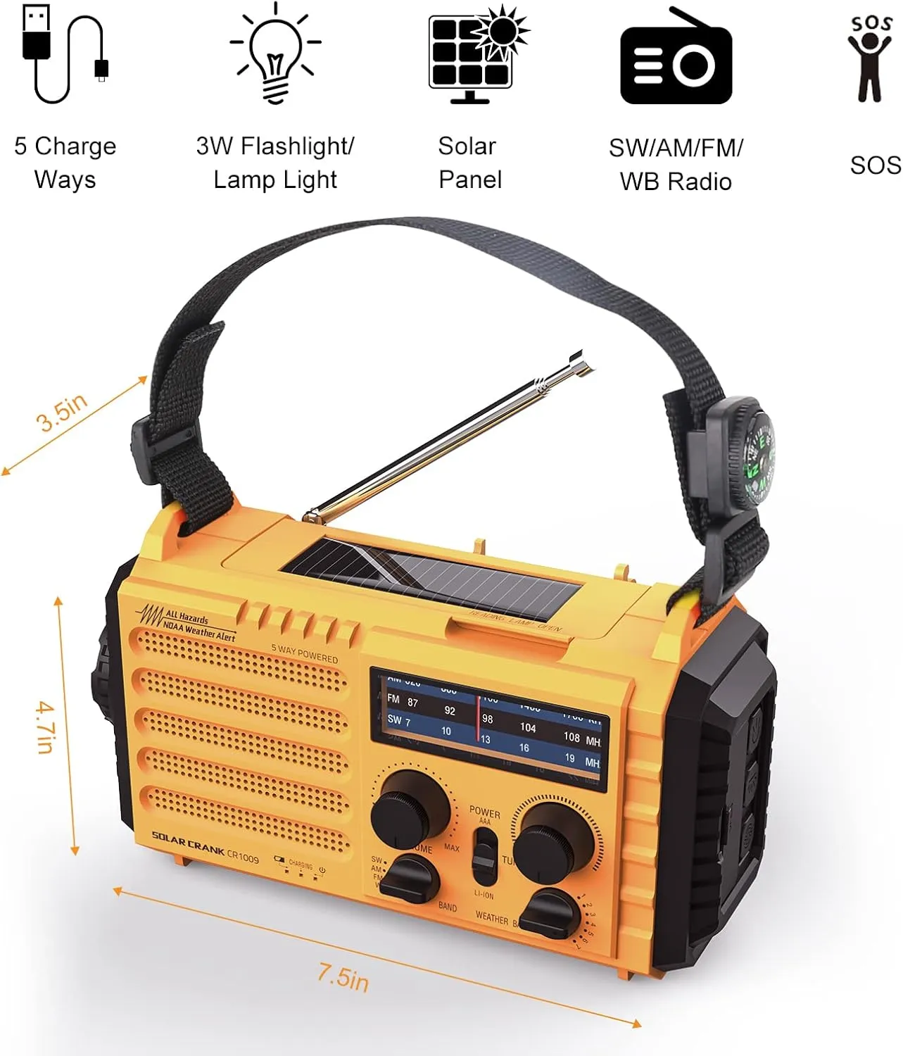 Raynic Weather Radio, 5000mAh/18500mWh NOAA Weather Radio, Solar Hand Crank Emergency Radio with AM/FM/SW/NOAA Weather Alert, Flashlight, Reading Lamp, Cell Phone Charger and SOS Siren
