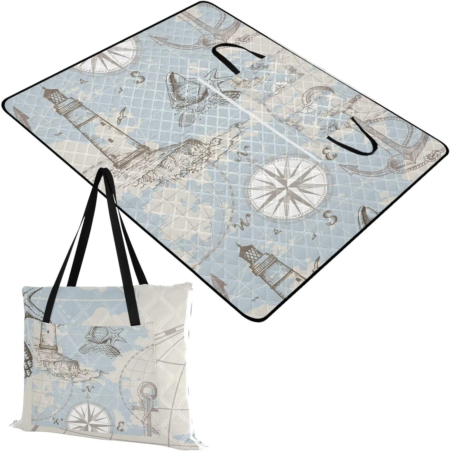 Rectangle Picnic Mat, Outdoor Tote Waterproof Backing Handy Portable Blanket for Family Friends Camping Beach Yoga Hiking Print Sea Map with Compass Lighthouse Anchor Seashells