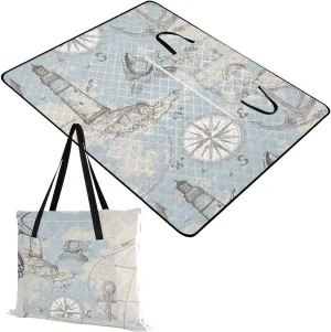 Rectangle Picnic Mat, Outdoor Tote Waterproof Backing Handy Portable Blanket for Family Friends Camping Beach Yoga Hiking Print Sea Map with Compass Lighthouse Anchor Seashells