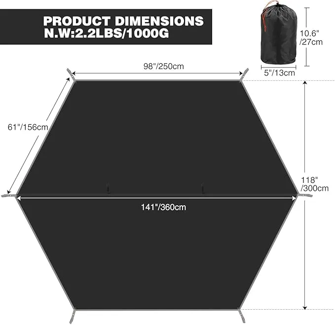 REDCAMP Hammock Rain Fly Camping Tarp Waterproof, Lightweight Backpacking Rain Tarp Shelter for Hiking Outdoor Hexagon Black 10x12ft