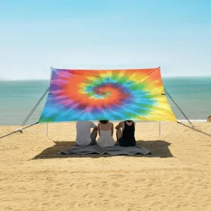 Retro Colorful Rainbow Tie Dye Beach Canopy Tent Anti-UV & Wind Resistant, Camping Sun Shelter Easy Setup Portable,Outdoor Shade Tents with Sandbags,Sand Shovels,Ground Pegs & Stability Poles