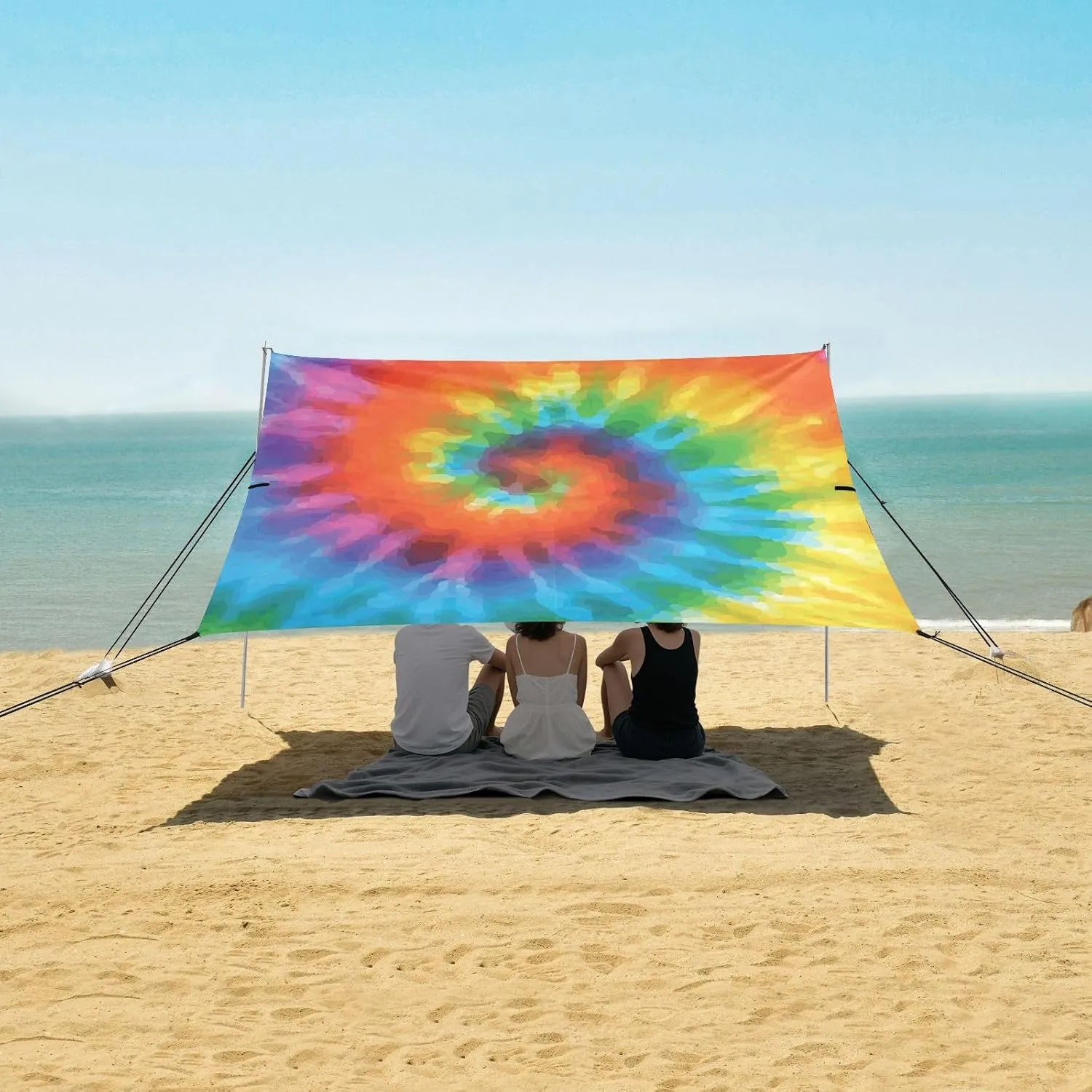 Retro Colorful Rainbow Tie Dye Beach Canopy Tent Anti-UV & Wind Resistant, Camping Sun Shelter Easy Setup Portable,Outdoor Shade Tents with Sandbags,Sand Shovels,Ground Pegs & Stability Poles