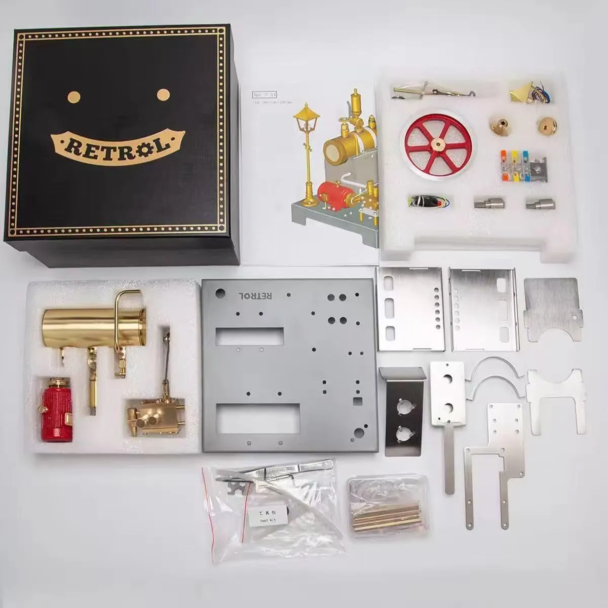 Retrol SE-02 Full Metal Reversible Horizontal Steam Engine Model Kit with Boiler, Generator & Street Lamp, Physical Scientific Experiments Toy for Adults (Kit/100PCS)
